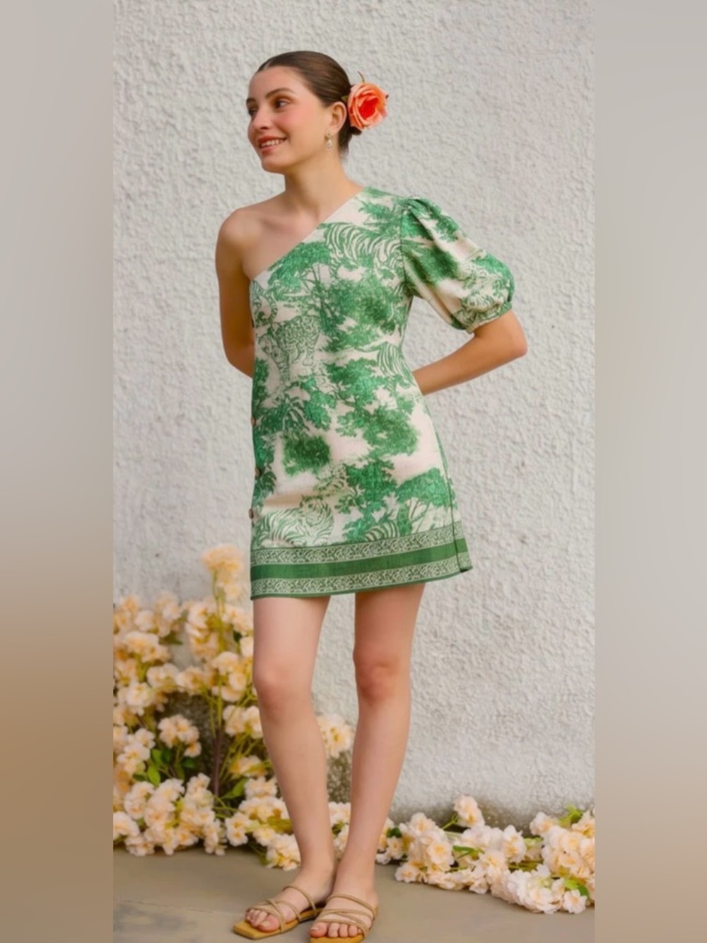 America & Beyond One-Shoulder Green Forest Safari Print Mini Dress